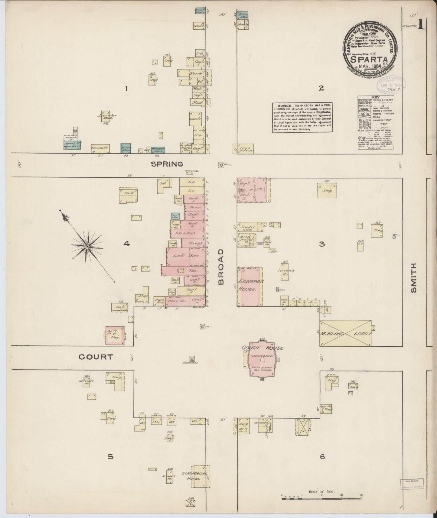 Sanborn Fire Insurance Map from Sparta, Hancock County, Georgia (1884), Sheet #0001 - Complete Map Set gallery image, historic Sanborn map, vintage wall art, Georgia Georgia