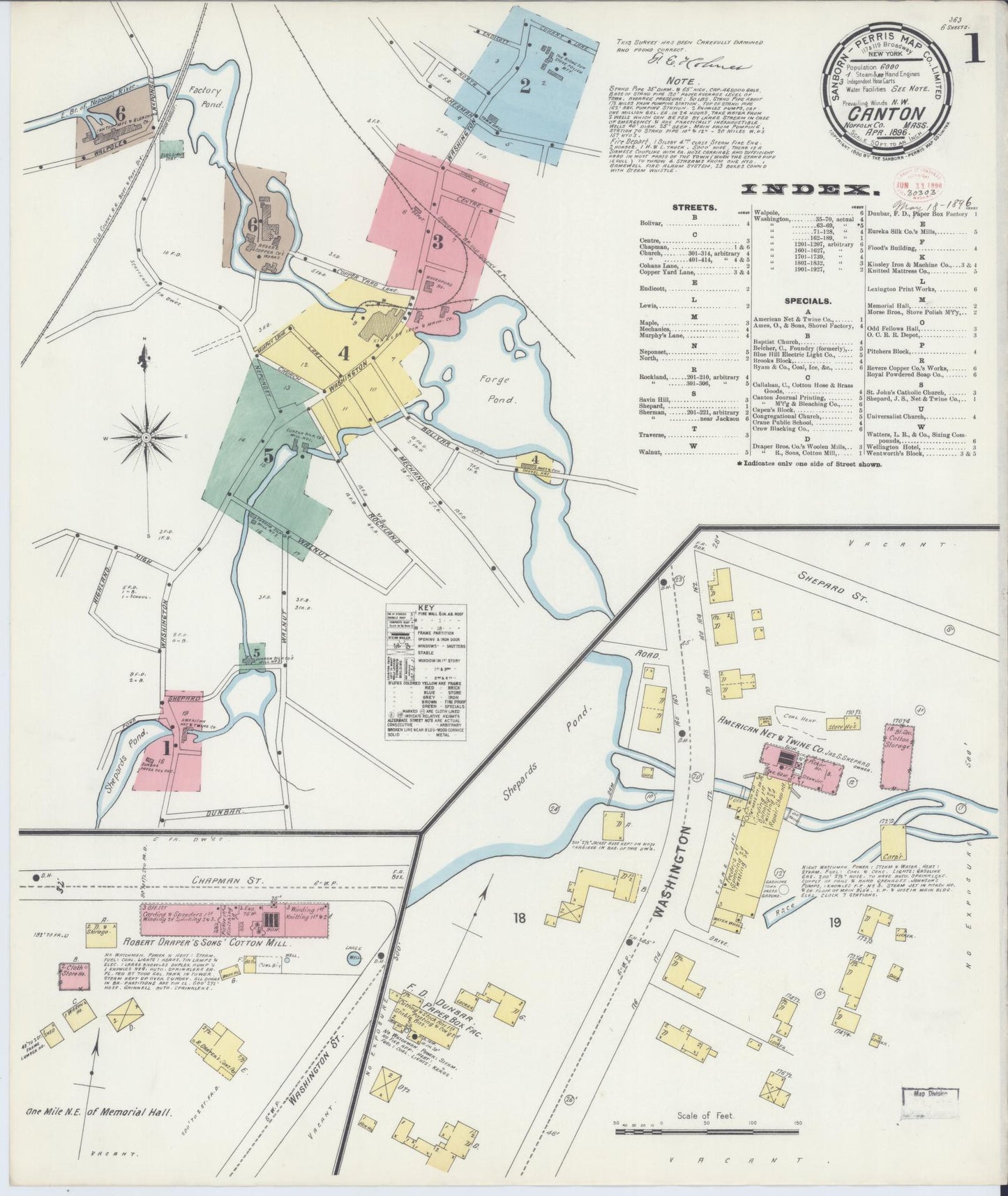 Sanborn Fire Insurance Map from Canton, Norfolk County, Massachusetts (1896), Sheet #0001 - Historic Sanborn Fire Insurance Map Print, vintage old map wall art, antique decor, genealogy gift, Massachusetts Massachusetts map