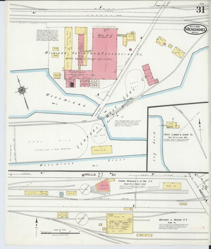 Sanborn Fire Insurance Map from Menominee, Menominee County, Michigan (1921), Sheet #0031 - Historic Sanborn Fire Insurance Map Print, vintage old map wall art, antique decor, genealogy gift, Michigan Michigan map