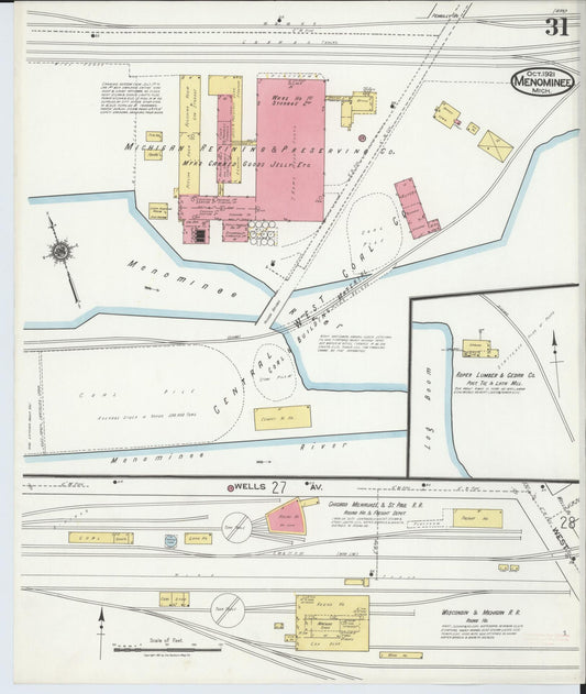 Sanborn Fire Insurance Map from Menominee, Menominee County, Michigan (1921), Sheet #0031 - Historic Sanborn Fire Insurance Map Print, vintage old map wall art, antique decor, genealogy gift, Michigan Michigan map