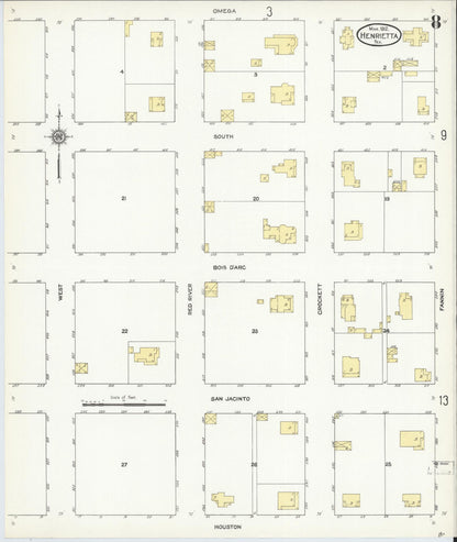 Sanborn Fire Insurance Map from Henrietta, Clay County, Texas (1912), Sheet #0008 - Historic Sanborn Fire Insurance Map Print, vintage old map wall art, antique decor, genealogy gift, Texas Texas map