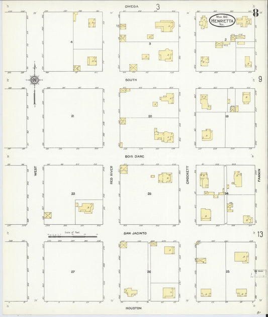 Sanborn Fire Insurance Map from Henrietta, Clay County, Texas (1912), Sheet #0008 - Historic Sanborn Fire Insurance Map Print, vintage old map wall art, antique decor, genealogy gift, Texas Texas map