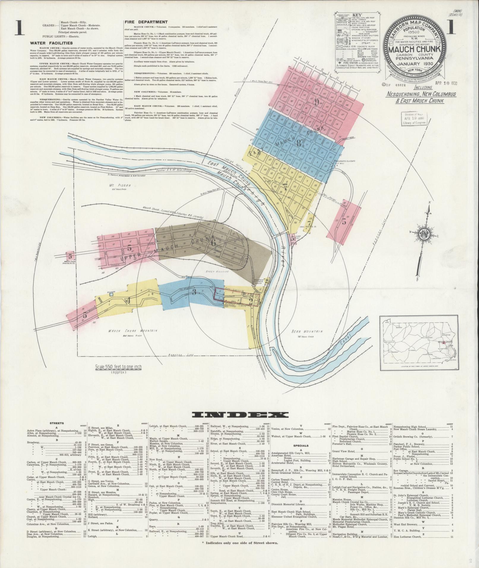 Sanborn Fire Insurance Map from Mauch Chunk, Carbon County, Pennsylvania (1930), Sheet #0001 - Complete Map Set gallery image, historic Sanborn map, vintage wall art, Pennsylvania Pennsylvania