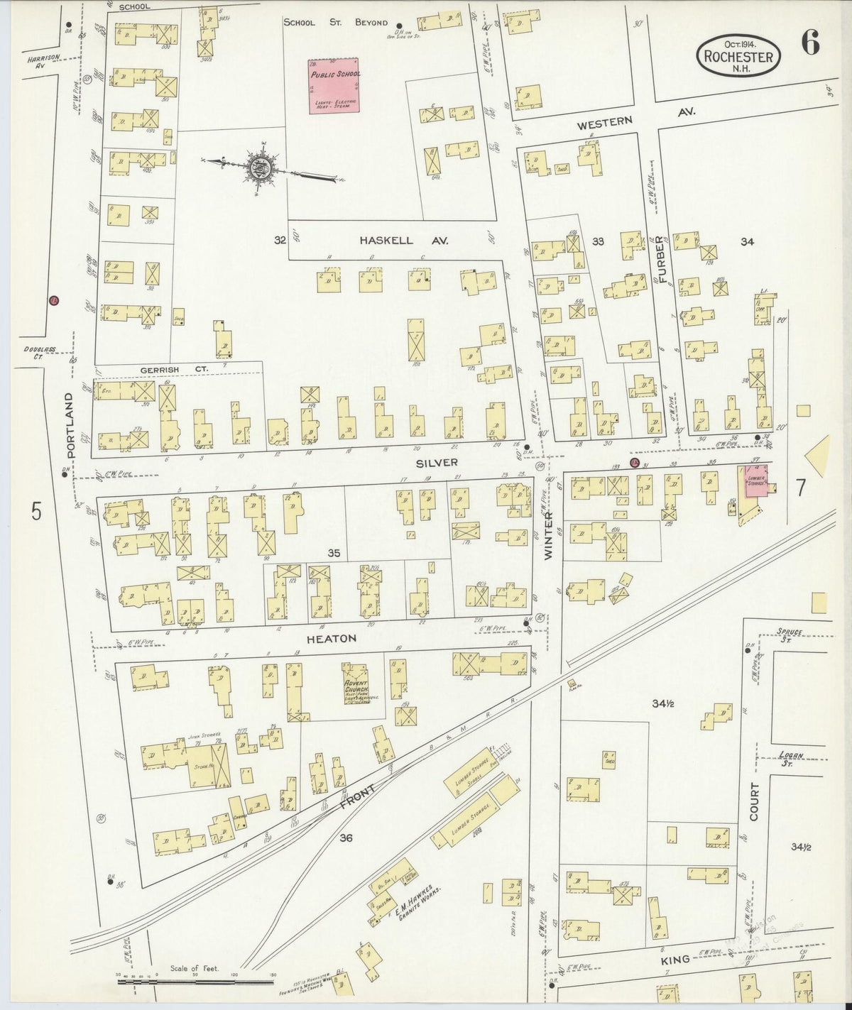 Sanborn Fire Insurance Map from Rochester, Strafford County, New Hampshire (1914), Sheet #0006 - Historic Sanborn Fire Insurance Map Print, vintage old map wall art, antique decor, genealogy gift, New Hampshire New Hampshire map