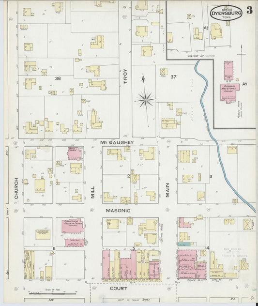 Sanborn Fire Insurance Map from Dyersburg, Dyer County, Tennessee (1891), Sheet #0003 - Historic Sanborn Fire Insurance Map Print, vintage old map wall art, antique decor, genealogy gift, Tennessee Tennessee map