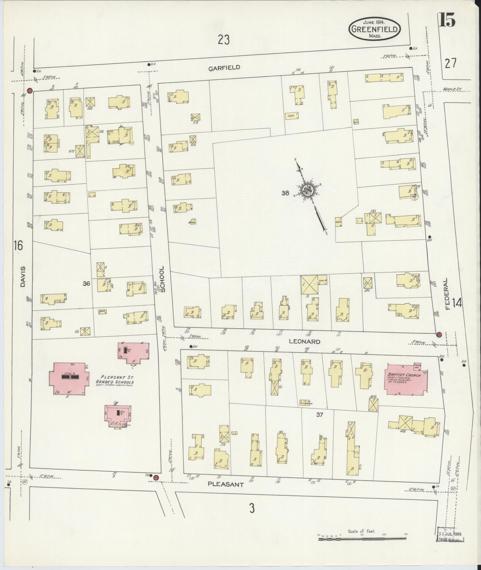 Sanborn Fire Insurance Map from Greenfield, Franklin County, Massachusetts (1914), Sheet #0015 - Historic Sanborn Fire Insurance Map Print, vintage old map wall art, antique decor, genealogy gift, Massachusetts Massachusetts map