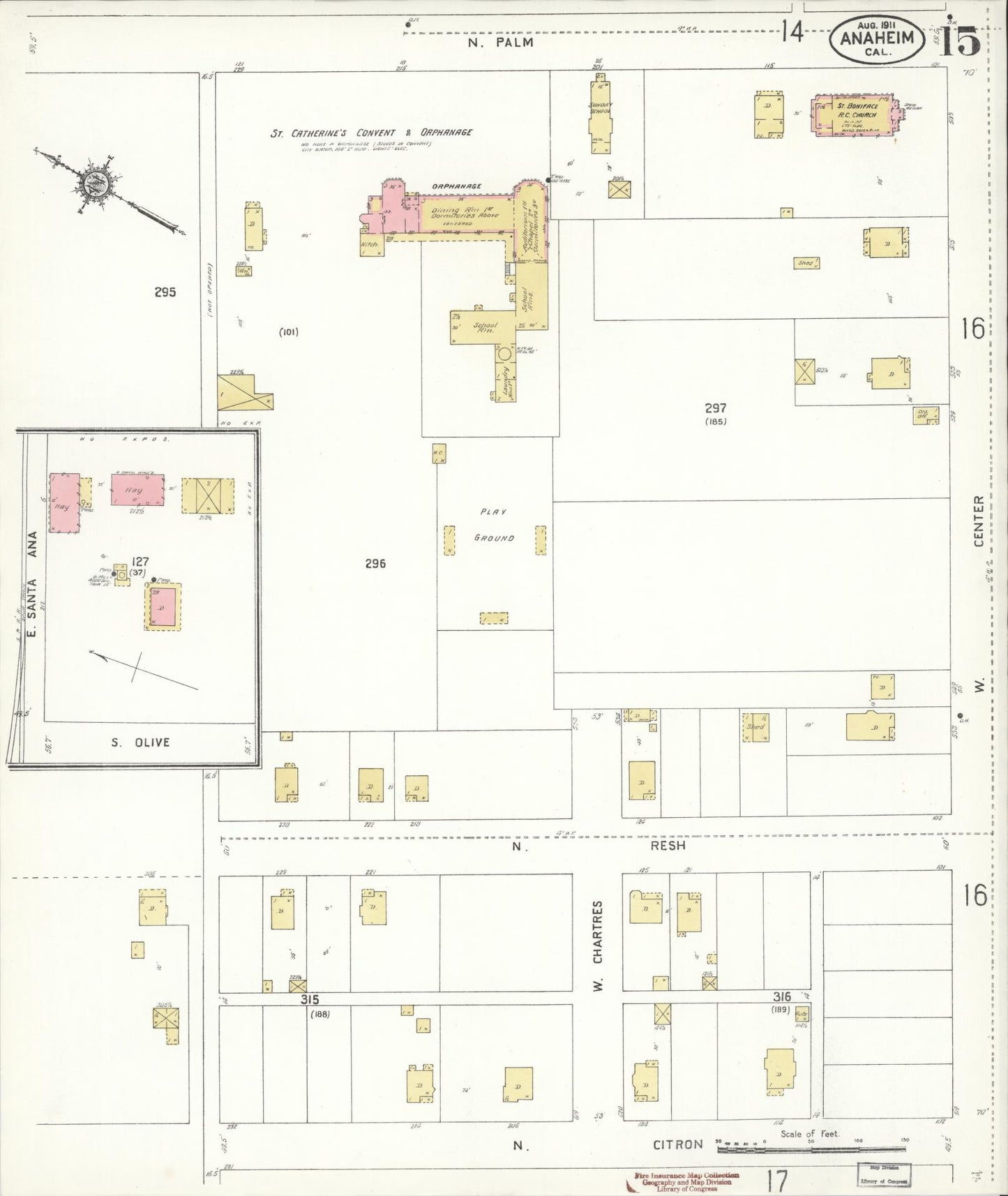 Sanborn Fire Insurance Map from Anaheim, Orange County, California (1911), Sheet #0015 - Historic Sanborn Fire Insurance Map Print, vintage old map wall art, antique decor, genealogy gift, California California map