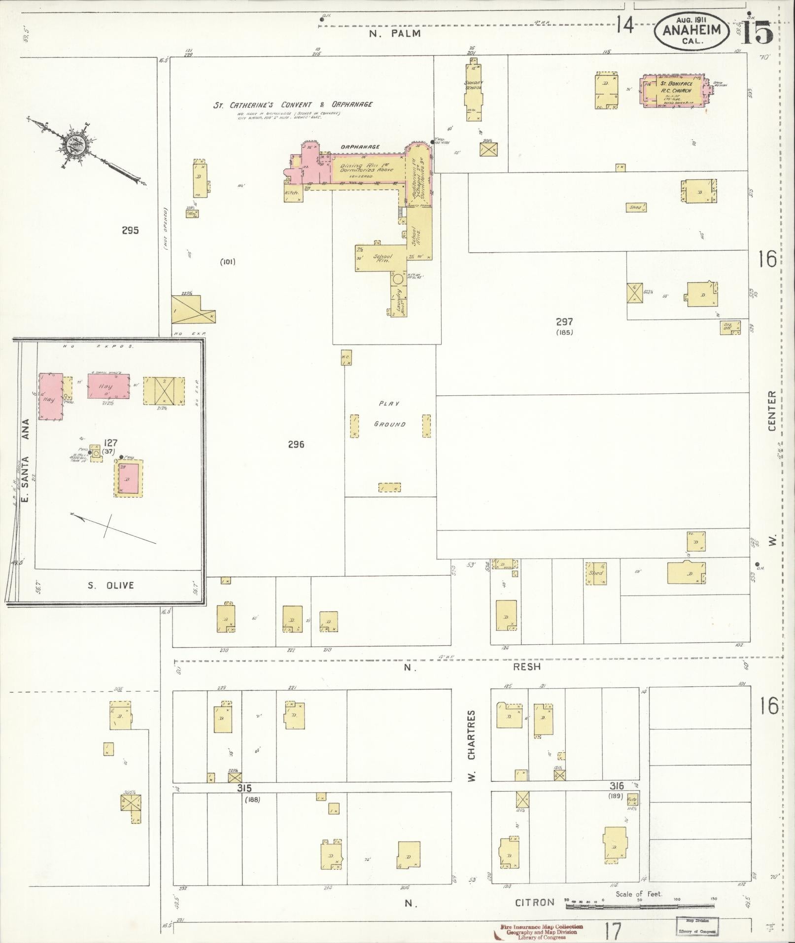 Sanborn Fire Insurance Map from Anaheim, Orange County, California (1911), Sheet #0015 - Historic Sanborn Fire Insurance Map Print, vintage old map wall art, antique decor, genealogy gift, California California map