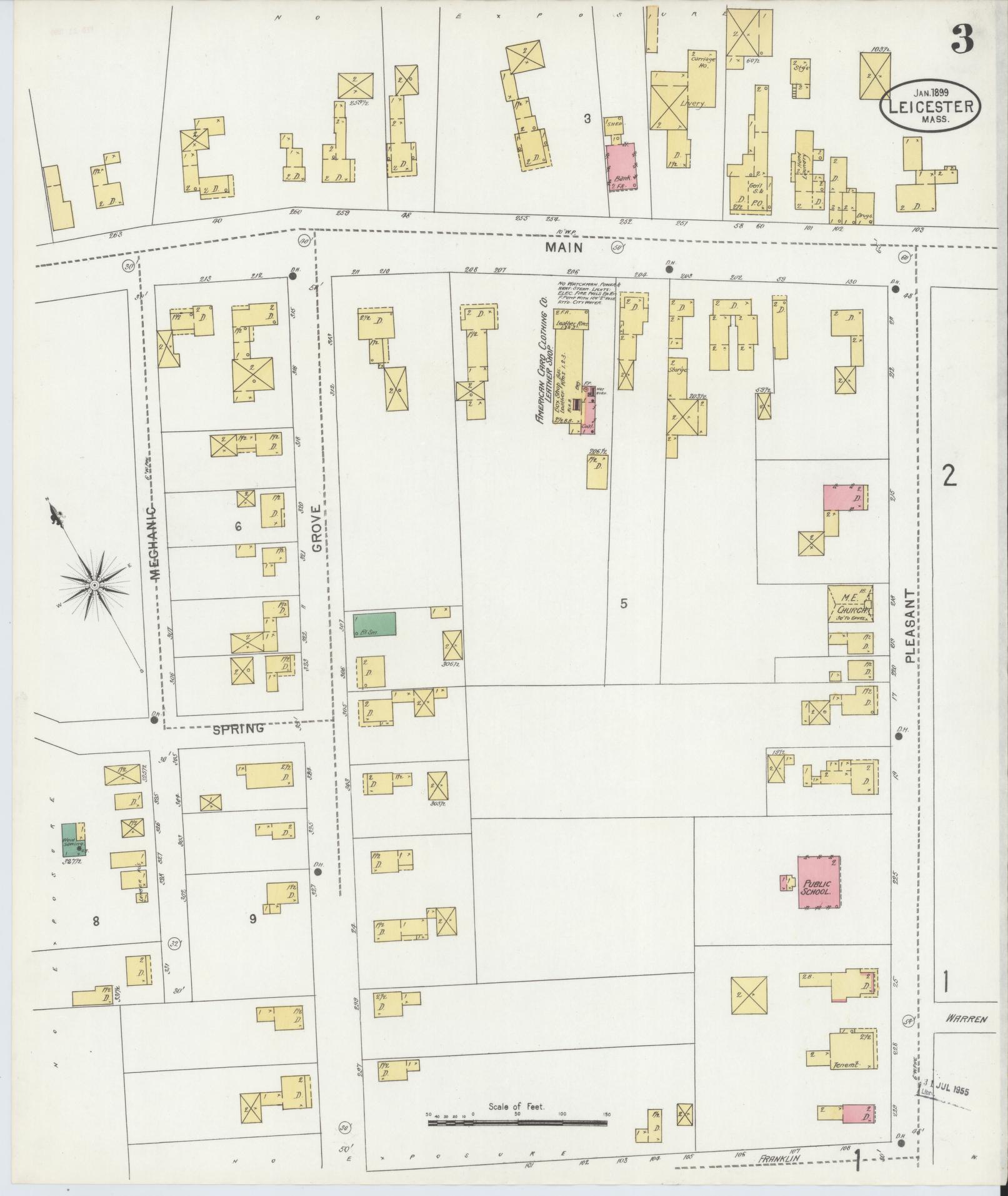 Sanborn Fire Insurance Map from Leicester, Worcester County, Massachusetts (1889), Sheet #0003 - Historic Sanborn Fire Insurance Map Print, vintage old map wall art, antique decor, genealogy gift, Massachusetts Massachusetts map