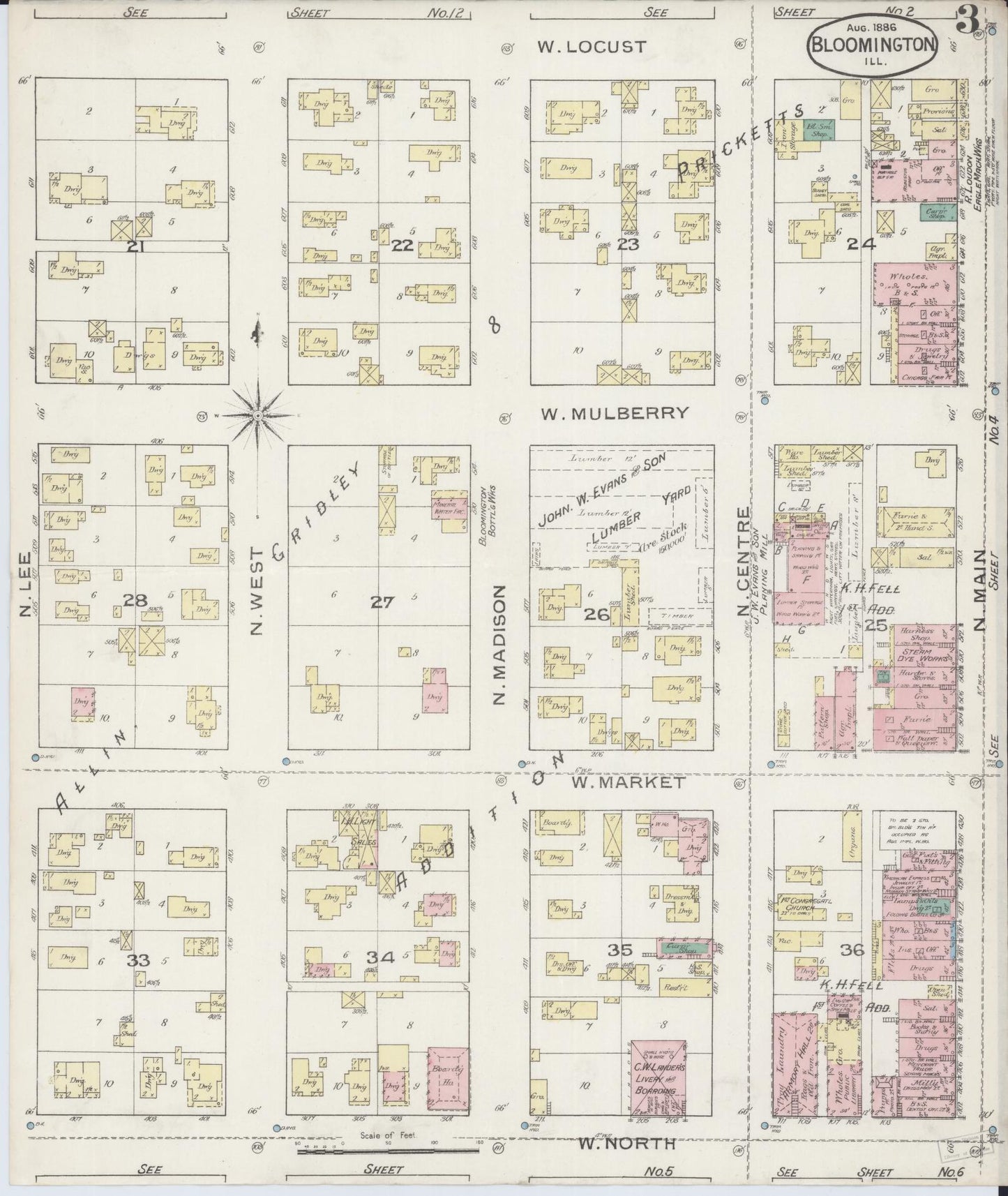 Sanborn Fire Insurance Map from Bloomington, McLean County, Illinois (1886), Sheet #0003 - Complete Map Set gallery image, historic Sanborn map, vintage wall art, Illinois Illinois
