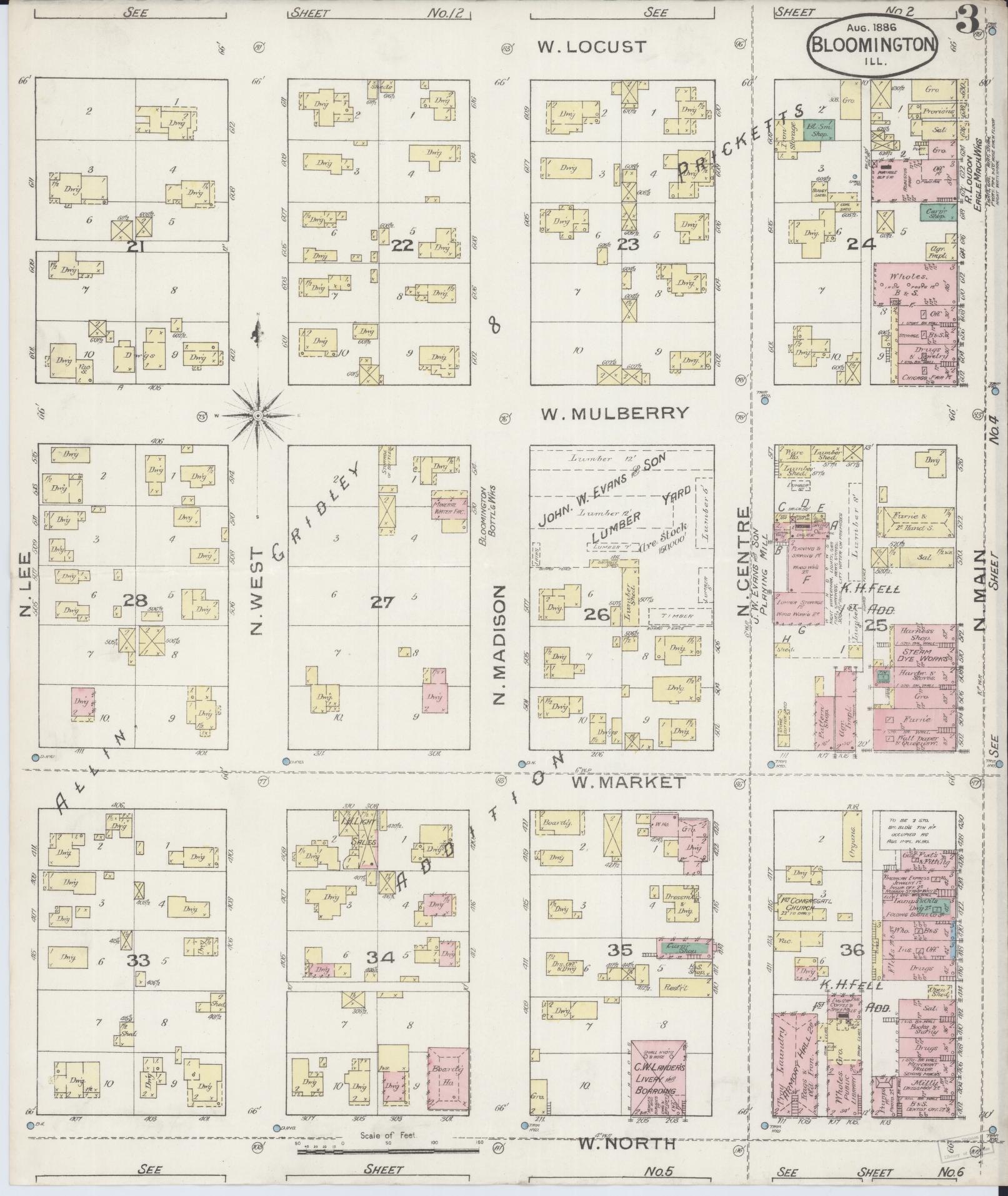 Sanborn Fire Insurance Map from Bloomington, McLean County, Illinois (1886), Sheet #0003 - Complete Map Set gallery image, historic Sanborn map, vintage wall art, Illinois Illinois