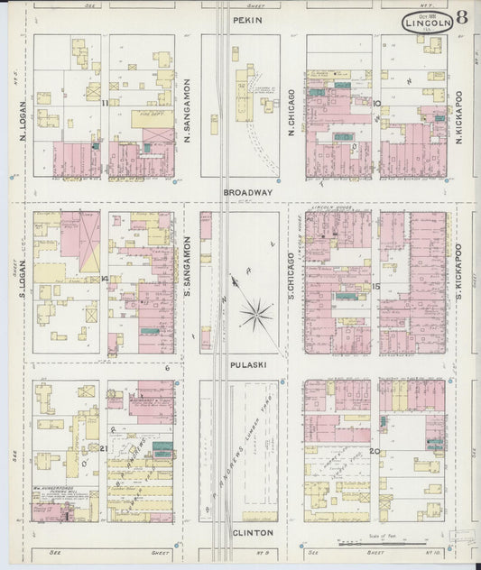 Sanborn Fire Insurance Map from Lincoln, Logan County, Illinois (1891), Sheet #0008 - Historic Sanborn Fire Insurance Map Print, vintage old map wall art, antique decor, genealogy gift, Illinois Illinois map