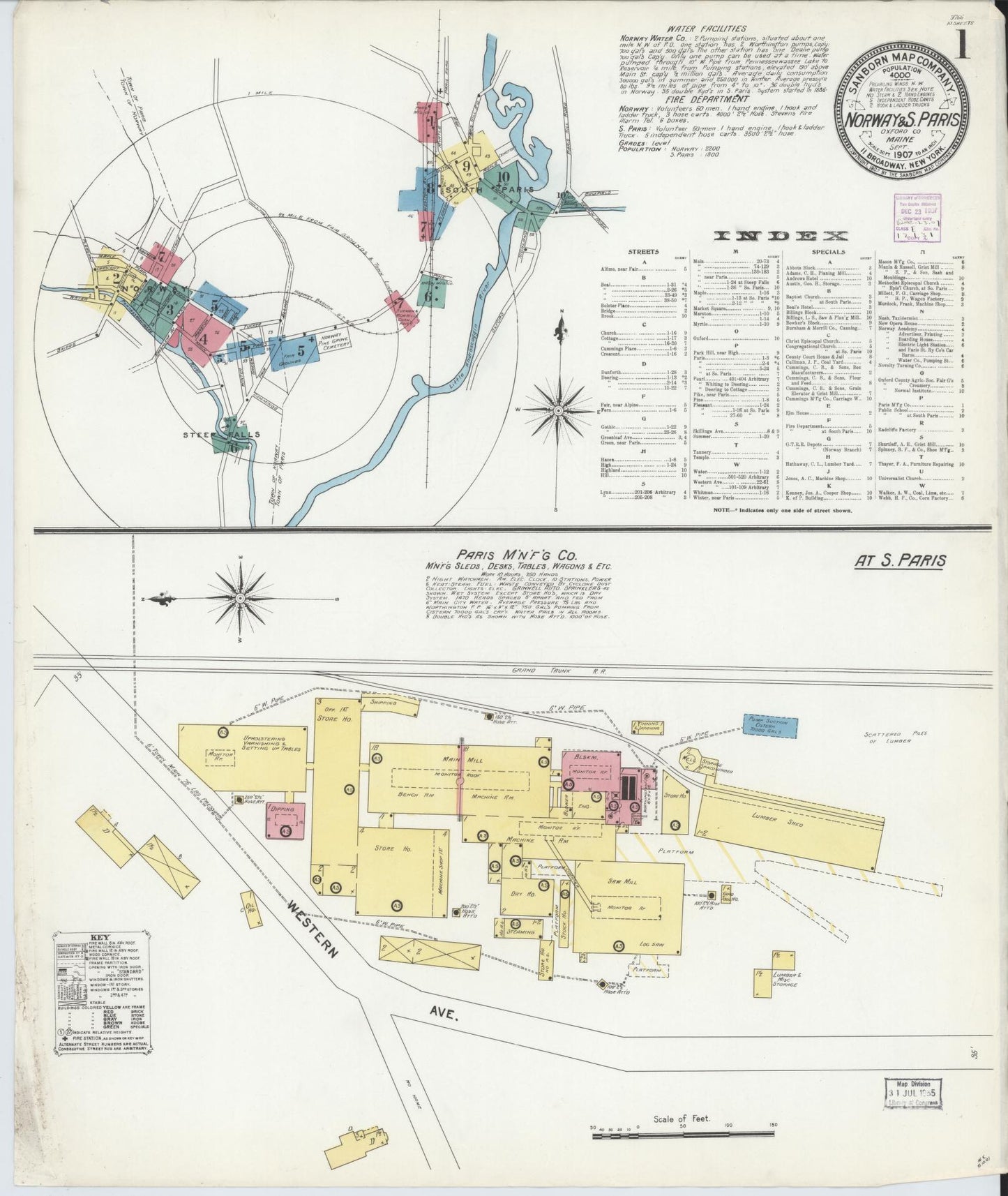Sanborn Fire Insurance Map from Norway, Oxford County, Maine (1907), Sheet #0001 - Historic Sanborn Fire Insurance Map Print, vintage old map wall art, antique decor, genealogy gift, Maine Maine map