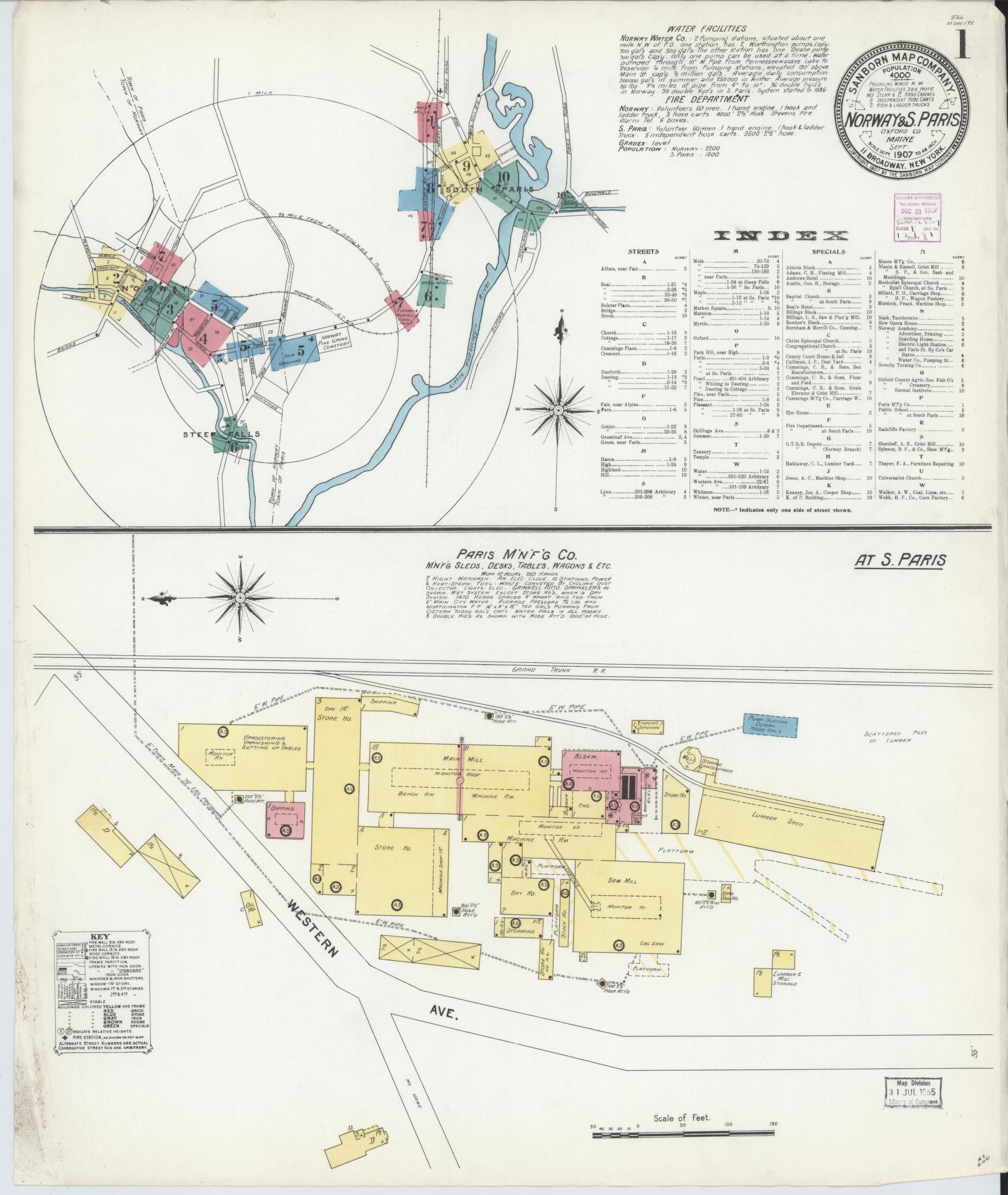 Sanborn Fire Insurance Map from Norway, Oxford County, Maine (1907), Sheet #0001 - Historic Sanborn Fire Insurance Map Print, vintage old map wall art, antique decor, genealogy gift, Maine Maine map