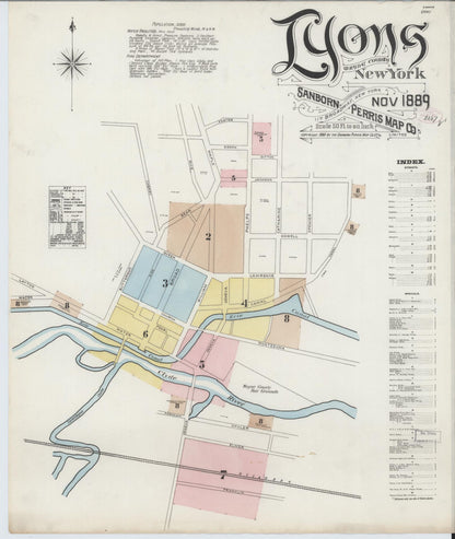 Sanborn Fire Insurance Map from Lyons, Wayne County, New York (1889), Sheet #0001 - Complete Map Set gallery image, historic Sanborn map, vintage wall art, New York New York