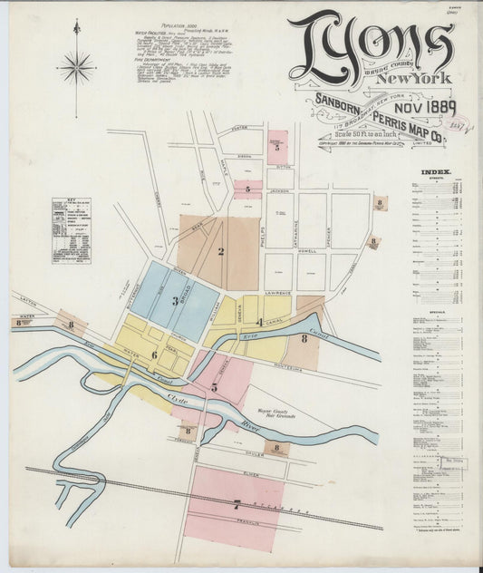 Sanborn Fire Insurance Map from Lyons, Wayne County, New York (1889), Sheet #0001 - Complete Map Set gallery image, historic Sanborn map, vintage wall art, New York New York