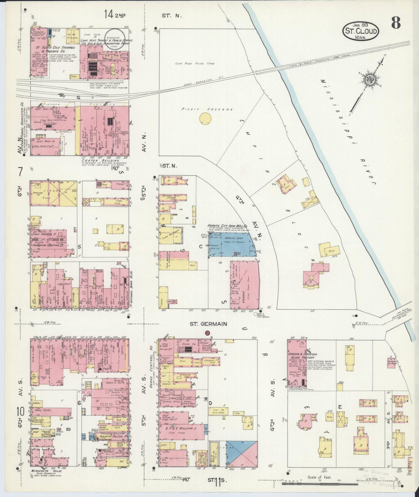 Sanborn Fire Insurance Map from Saint Cloud, Stearns, Benton, and Sherburne Counties, Minnesota (1913), Sheet #0008 - Complete Map Set gallery image, historic Sanborn map, vintage wall art, Minnesota Minnesota