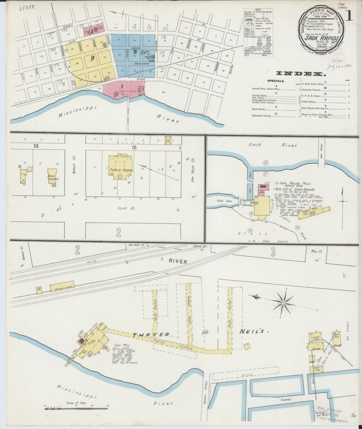 Sanborn Fire Insurance Map from Sauk Rapids, Benton County, Minnesota (1894), Sheet #0001 - Historic Sanborn Fire Insurance Map Print, vintage old map wall art, antique decor, genealogy gift, Minnesota Minnesota map