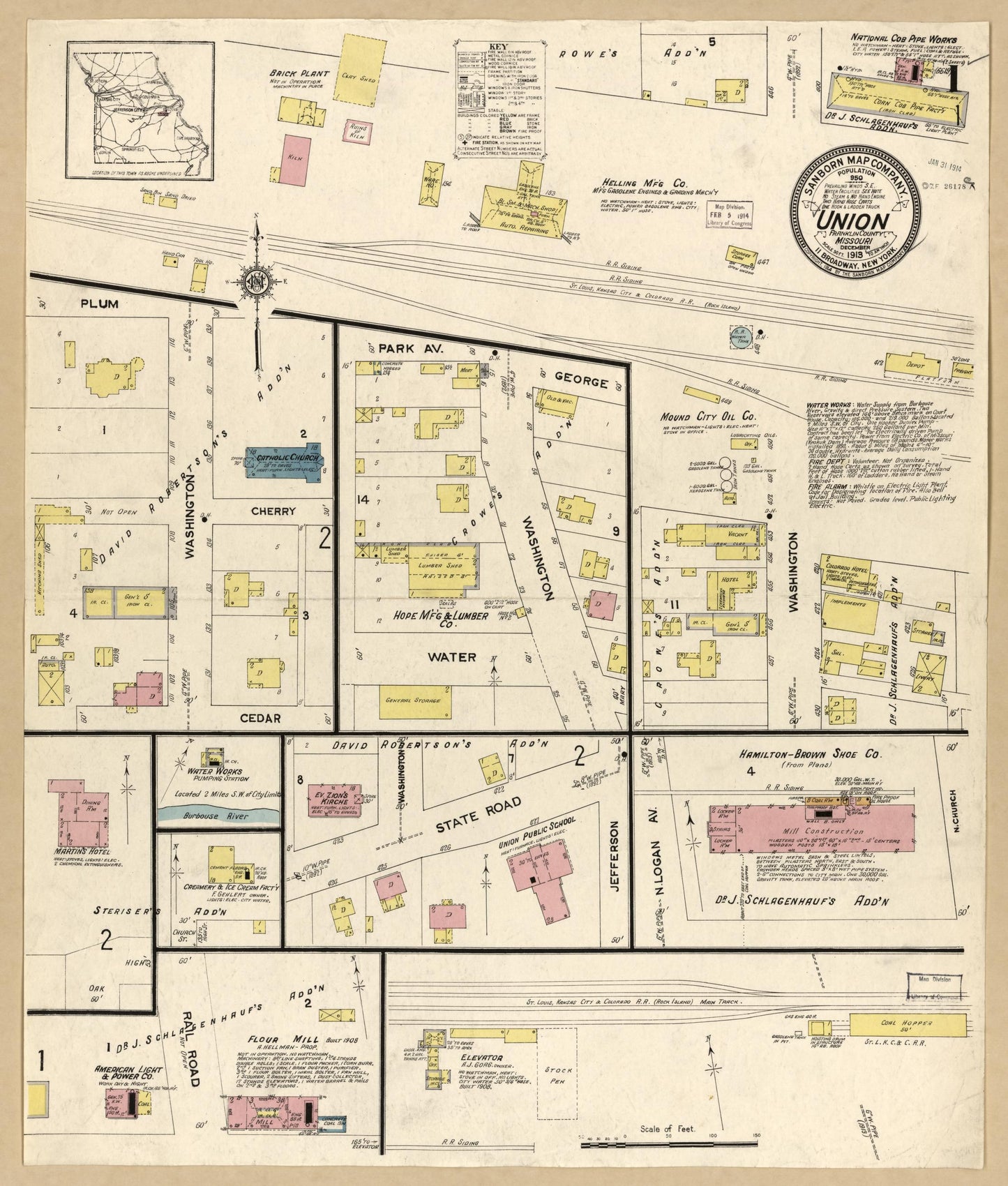 Sanborn Fire Insurance Map from Union, Franklin County, Missouri (1913), Sheet #0001 - Historic Sanborn Fire Insurance Map Print, vintage old map wall art, antique decor, genealogy gift, Missouri Missouri map