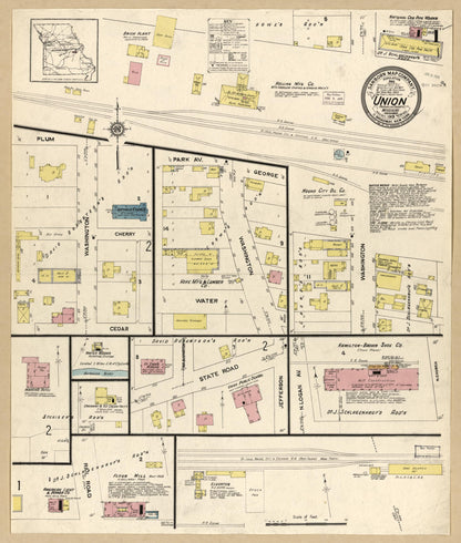 Sanborn Fire Insurance Map from Union, Franklin County, Missouri (1913), Sheet #0001 - Historic Sanborn Fire Insurance Map Print, vintage old map wall art, antique decor, genealogy gift, Missouri Missouri map