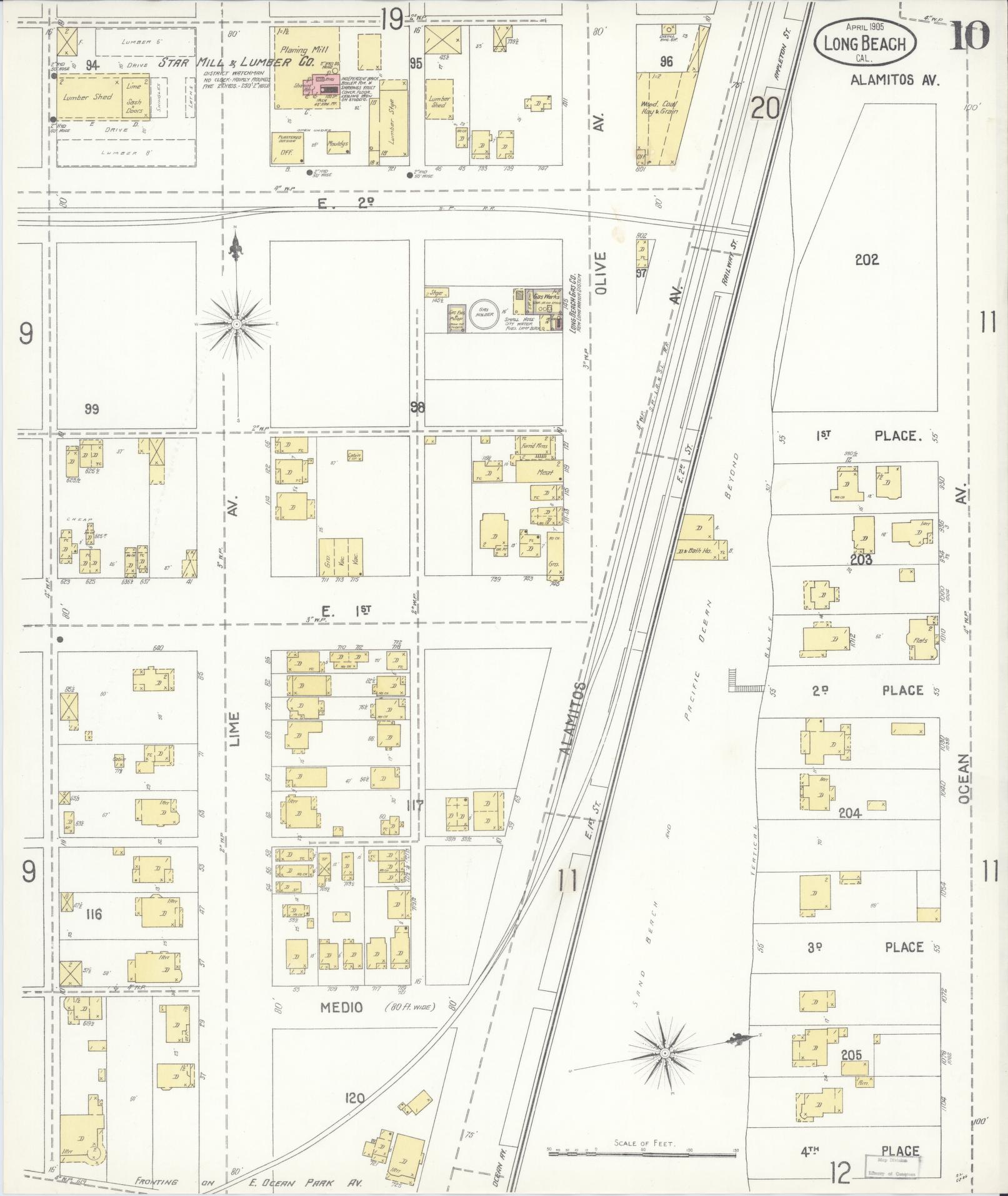 Sanborn Fire Insurance Map from Long Beach, Los Angeles County, California (1905), Sheet #0010 - Complete Map Set gallery image, historic Sanborn map, vintage wall art, California California