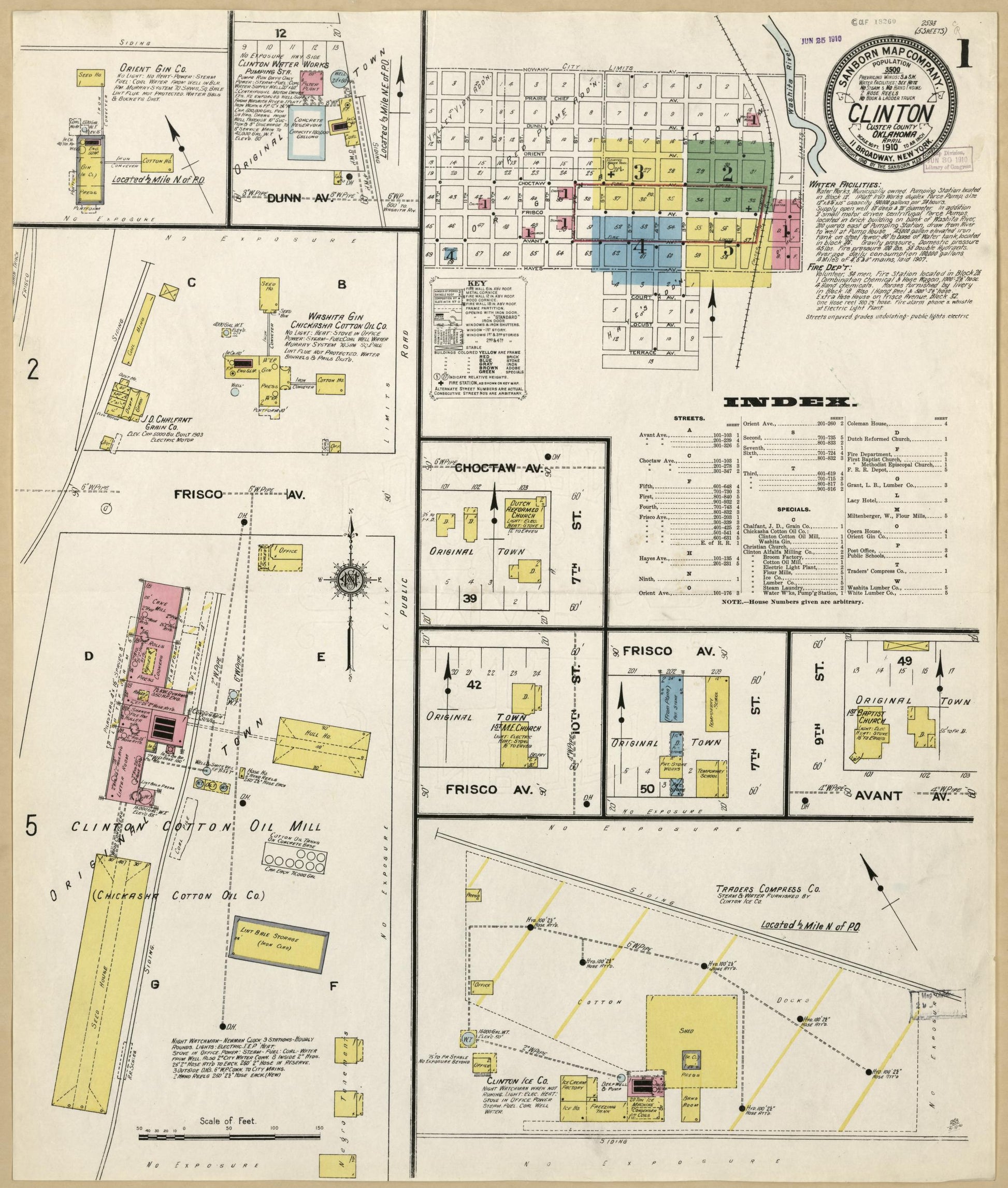Sanborn Fire Insurance Map from Clinton, Custer County, Oklahoma (1910), Sheet #0001 - Historic Sanborn Fire Insurance Map Print, vintage old map wall art, antique decor, genealogy gift, Oklahoma Oklahoma map