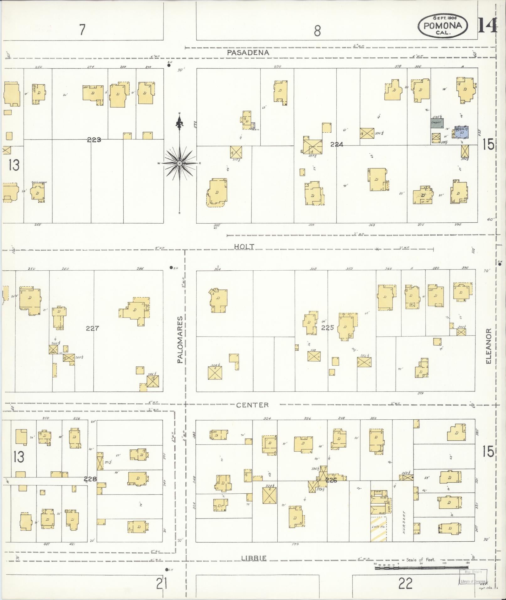 Sanborn Fire Insurance Map from Pomona, Los Angeles County, California (1906), Sheet #0014 - Complete Map Set gallery image, historic Sanborn map, vintage wall art, California California