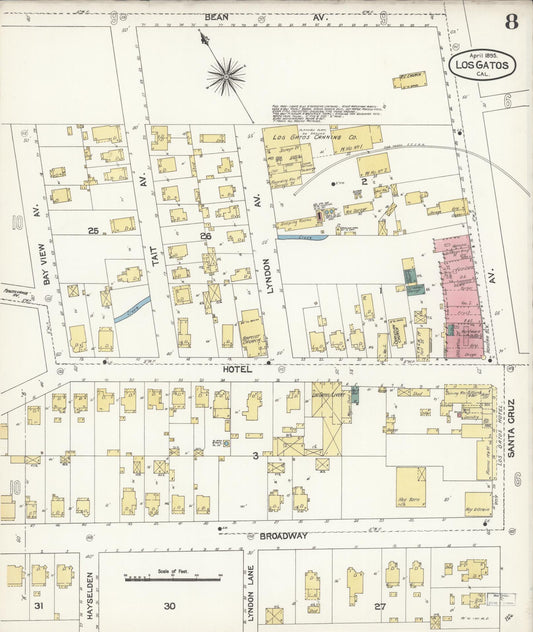 Sanborn Fire Insurance Map from Los Gatos, Santa Clara County, California (1895), Sheet #0008 - Historic Sanborn Fire Insurance Map Print, vintage old map wall art, antique decor, genealogy gift, California California map