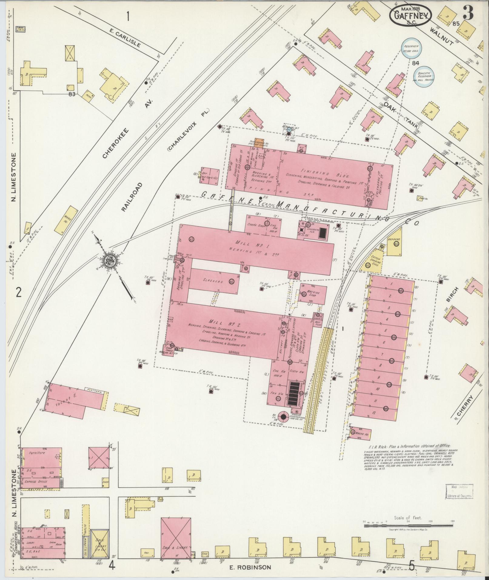 Sanborn Fire Insurance Map from Gaffney, Cherokee County, South Carolina (1918), Sheet #0003 - Complete Map Set gallery image, historic Sanborn map, vintage wall art, South Carolina South Carolina