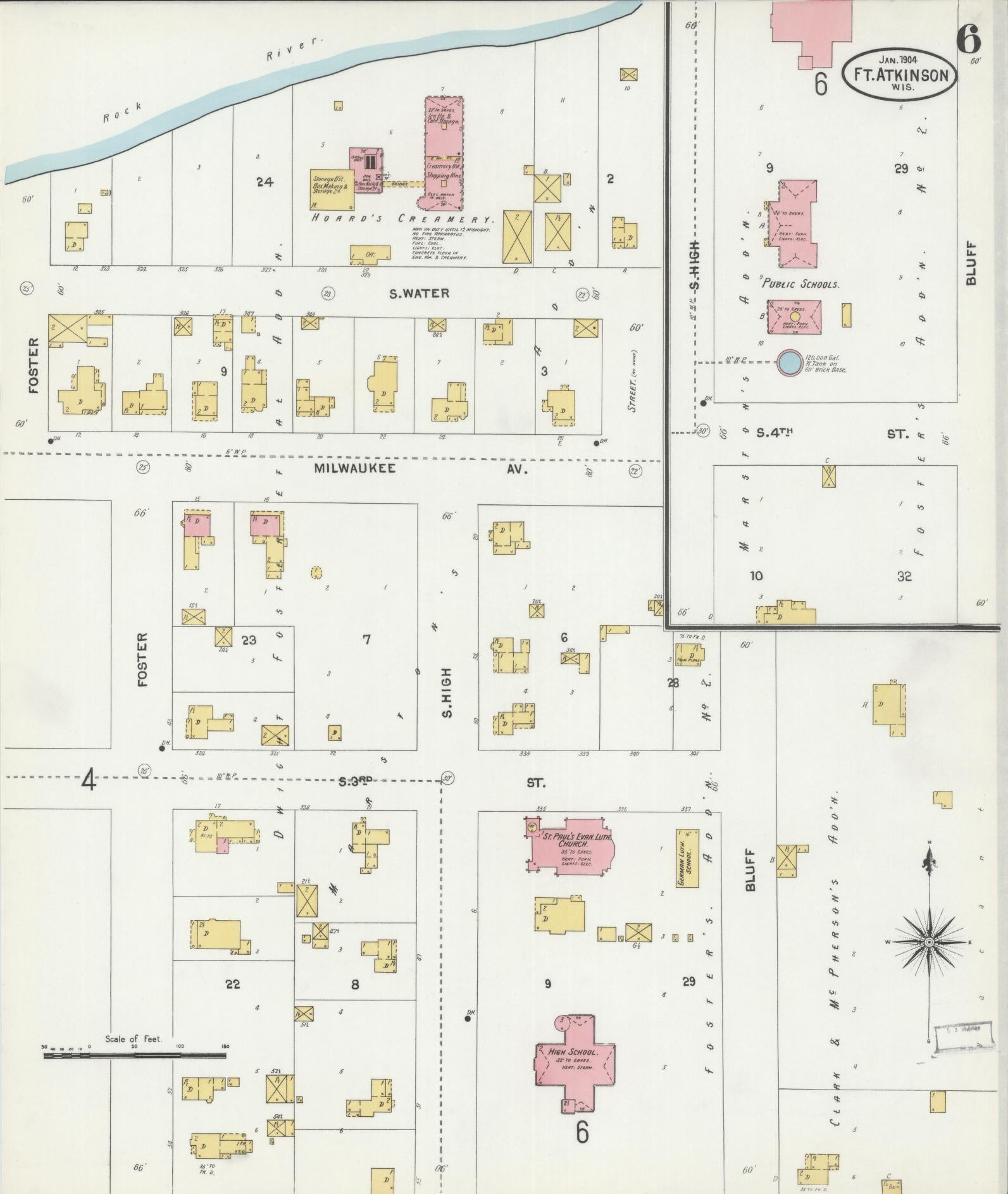 Sanborn Fire Insurance Map from Fort Atkinson, Jefferson County, Wisconsin (1904), Sheet #0006 - Historic Sanborn Fire Insurance Map Print, vintage old map wall art, antique decor, genealogy gift, Wisconsin Wisconsin map