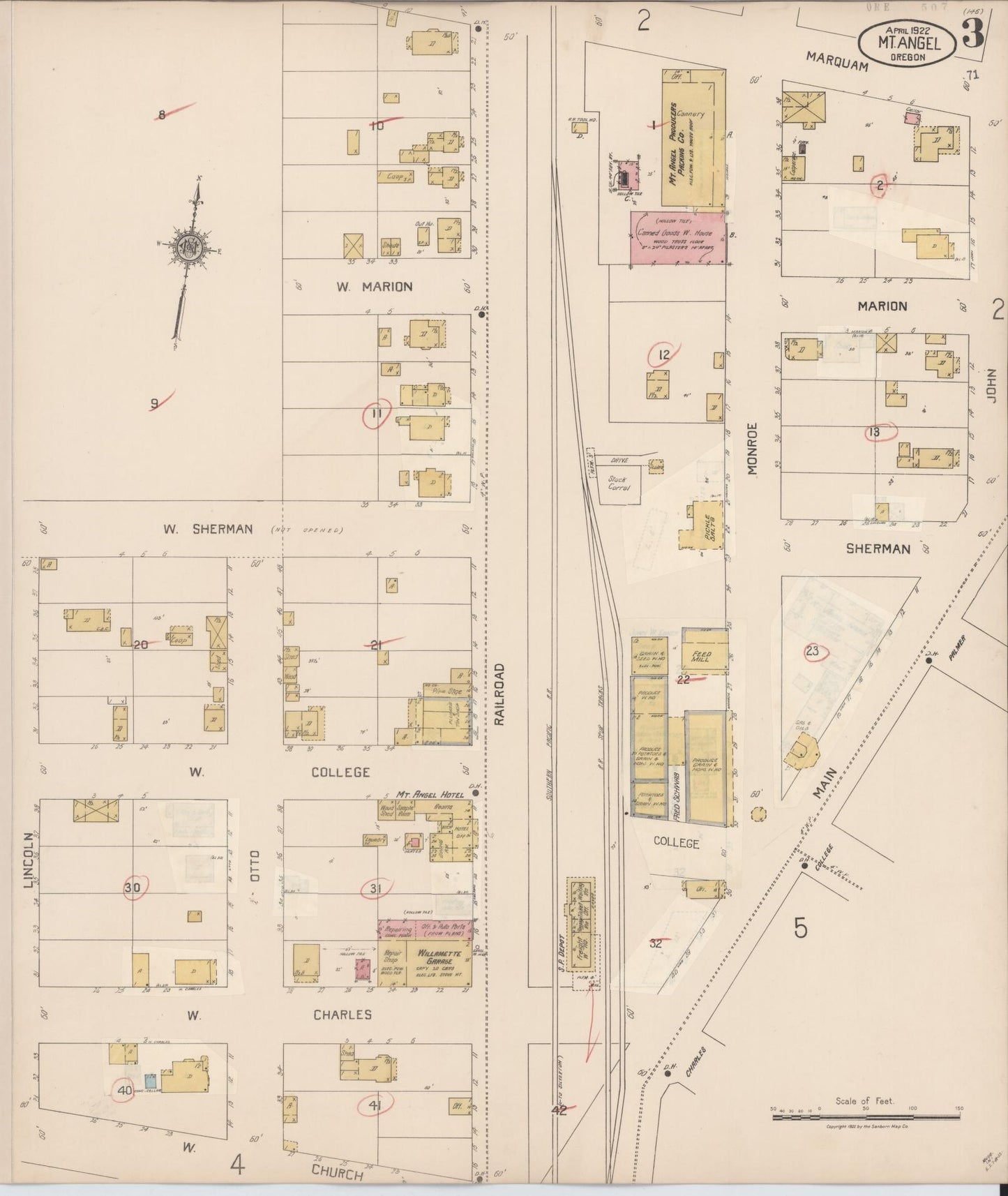 Sanborn Fire Insurance Map from Mount Angel, Marion County, Oregon (1931), Sheet #0003 - Complete Map Set gallery image, historic Sanborn map, vintage wall art, Oregon Oregon