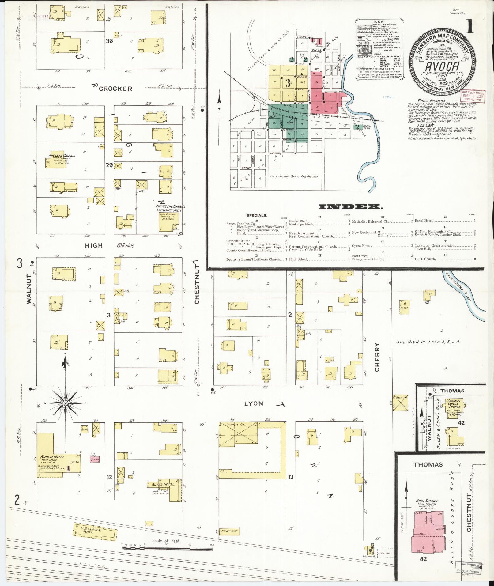 Sanborn Fire Insurance Map from Avoca, Pottawattamie County, Iowa (1909), Sheet #0001 - Historic Sanborn Fire Insurance Map Print, vintage old map wall art