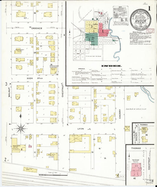 Sanborn Fire Insurance Map from Avoca, Pottawattamie County, Iowa (1909), Sheet #0001 - Historic Sanborn Fire Insurance Map Print, vintage old map wall art