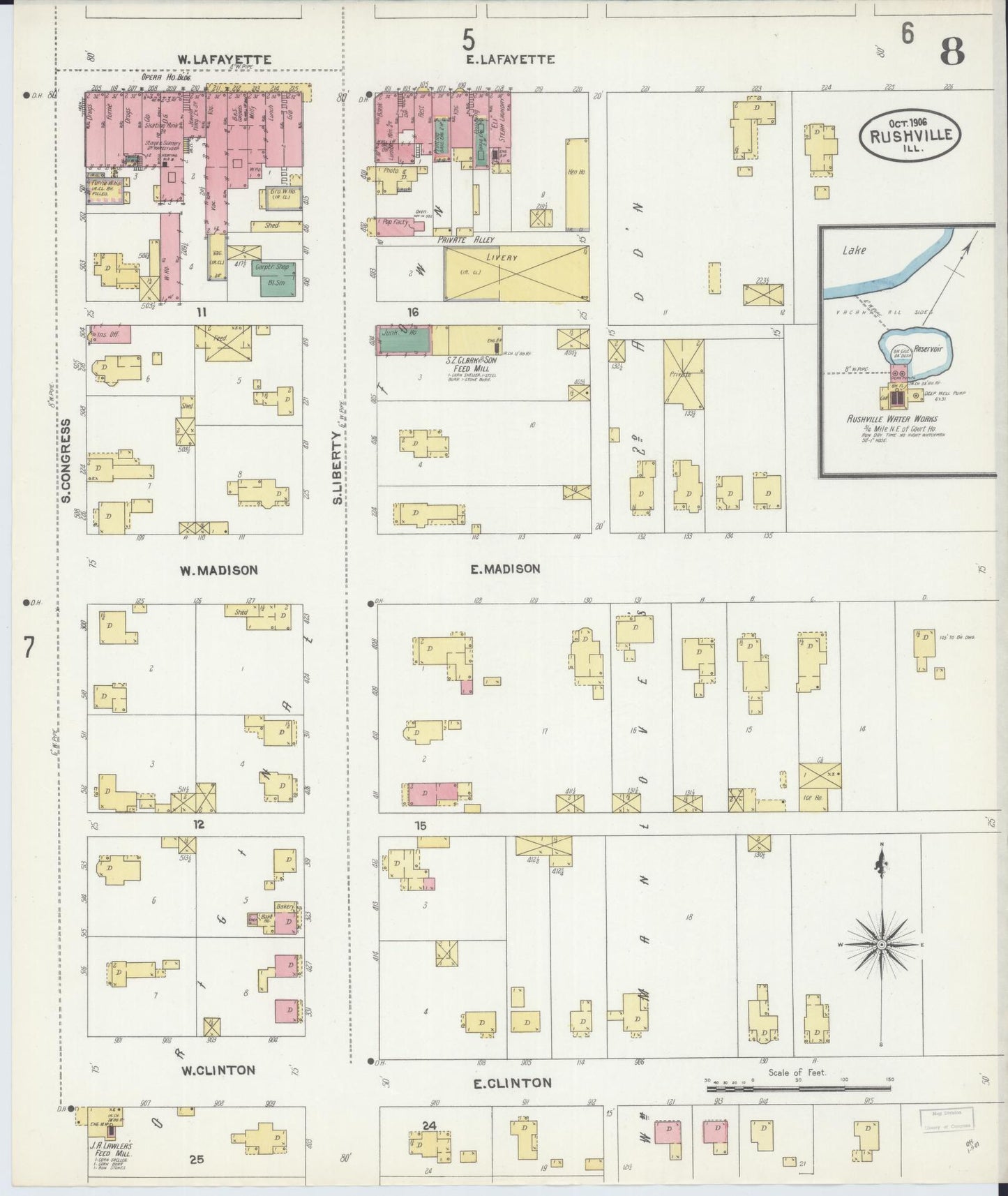 Sanborn Fire Insurance Map from Rushville, Schuyler County, Illinois (1906), Sheet #0008 - Historic Sanborn Fire Insurance Map Print, vintage old map wall art, antique decor, genealogy gift, Illinois Illinois map