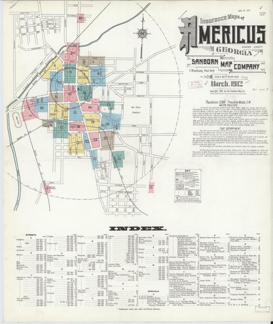 Sanborn Fire Insurance Map from Americus, Sumter County, Georgia (1912), Sheet #0001 - Complete Map Set gallery image, historic Sanborn map, vintage wall art, Georgia Georgia