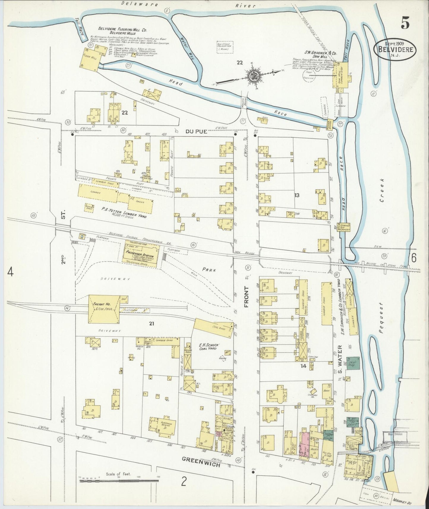 Sanborn Fire Insurance Map from Belvidere, Warren County, New Jersey (1909), Sheet #0005 - Historic Sanborn Fire Insurance Map Print, vintage old map wall art, antique decor, genealogy gift, Pennsylvania Pennsylvania map
