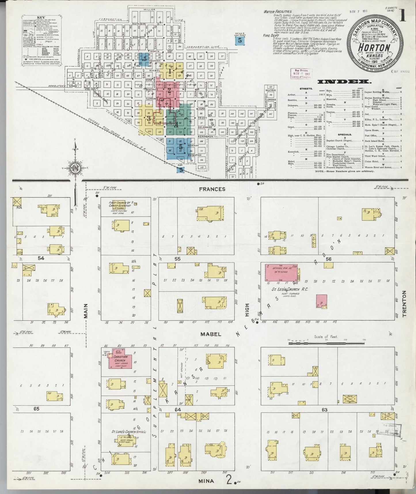 Sanborn Fire Insurance Map from Horton, Brown County, Kansas (1911), Sheet #0001 - Historic Sanborn Fire Insurance Map Print, vintage old map wall art, antique decor, genealogy gift, Kansas Kansas map