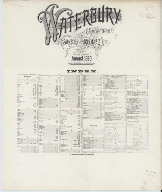 Sanborn Fire Insurance Map from Waterbury, New Haven County, Connecticut (1890), Sheet #0001 - Historic Sanborn Fire Insurance Map Print, vintage old map wall art, antique decor, genealogy gift, Connecticut Connecticut map