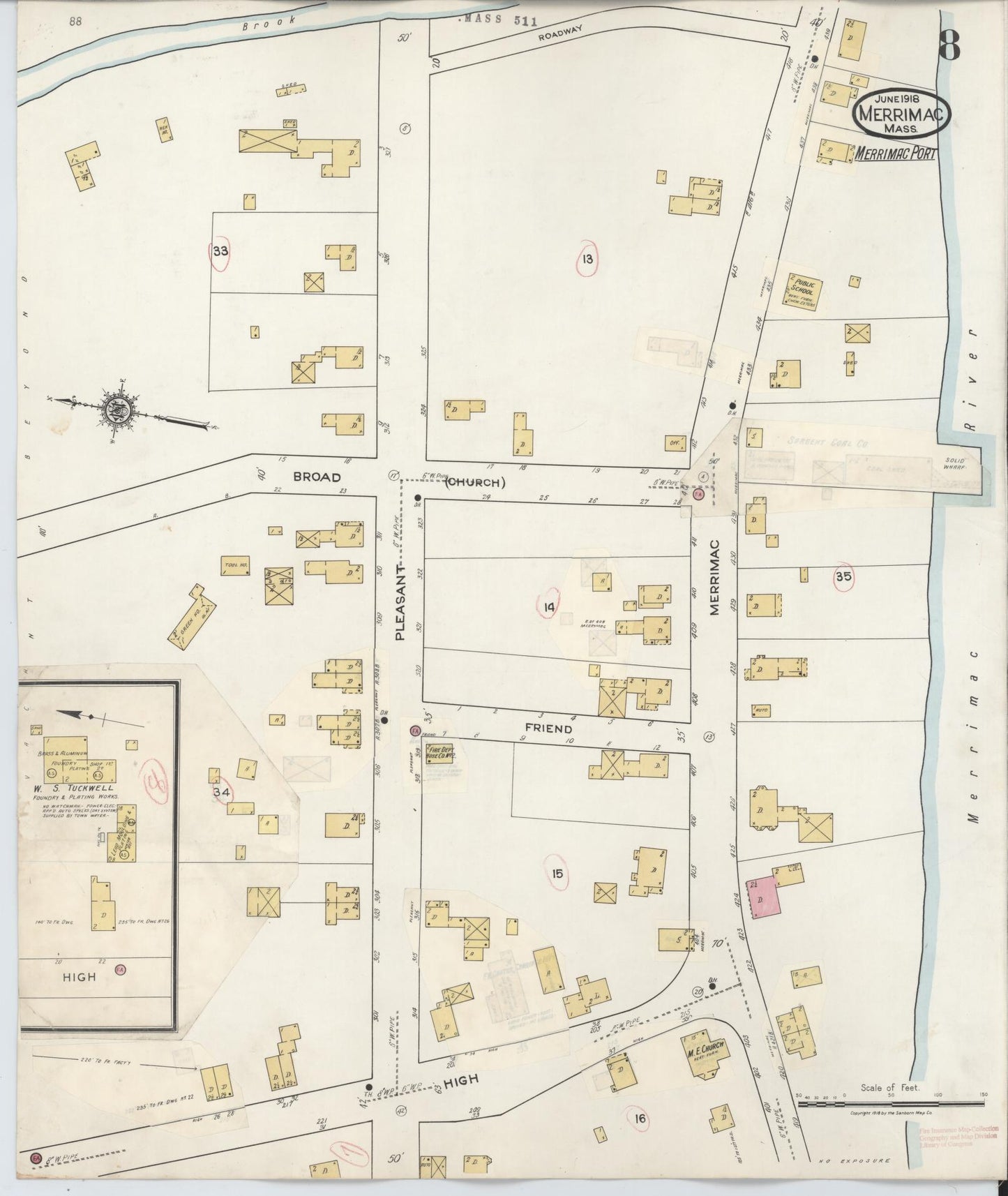 Sanborn Fire Insurance Map from Merrimac, Essex County, Massachusetts (1934), Sheet #0008 - Historic Sanborn Fire Insurance Map Print, vintage old map wall art, antique decor, genealogy gift, Massachusetts Massachusetts map