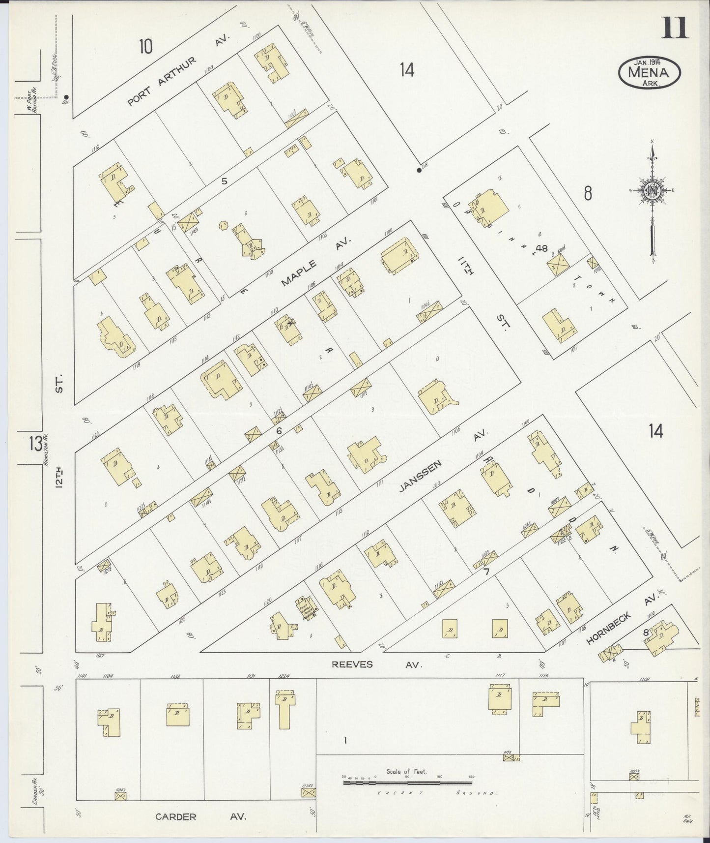 Sanborn Fire Insurance Map from Mena, Polk County, Arkansas (1914), Sheet #0011 - Historic Sanborn Fire Insurance Map Print, vintage old map wall art, antique decor, genealogy gift, Arkansas Arkansas map
