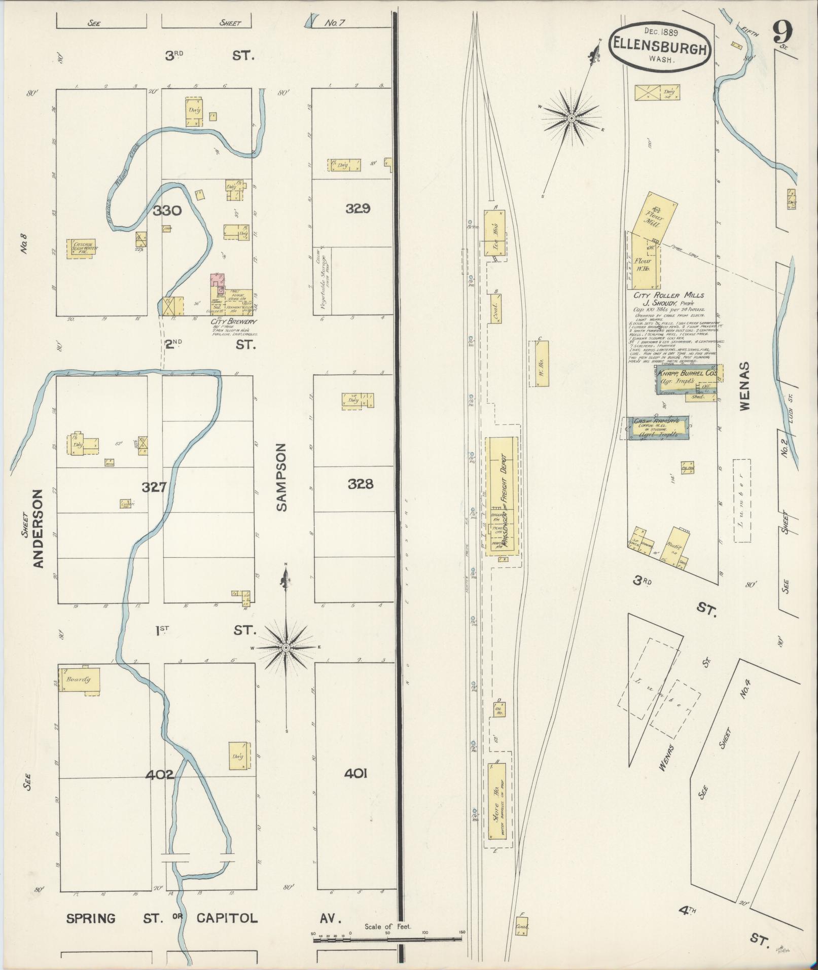 Sanborn Fire Insurance Map from Ellensburg, Kittitas County, Washington (1889), Sheet #0009 - Complete Map Set gallery image, historic Sanborn map, vintage wall art, Washington Washington