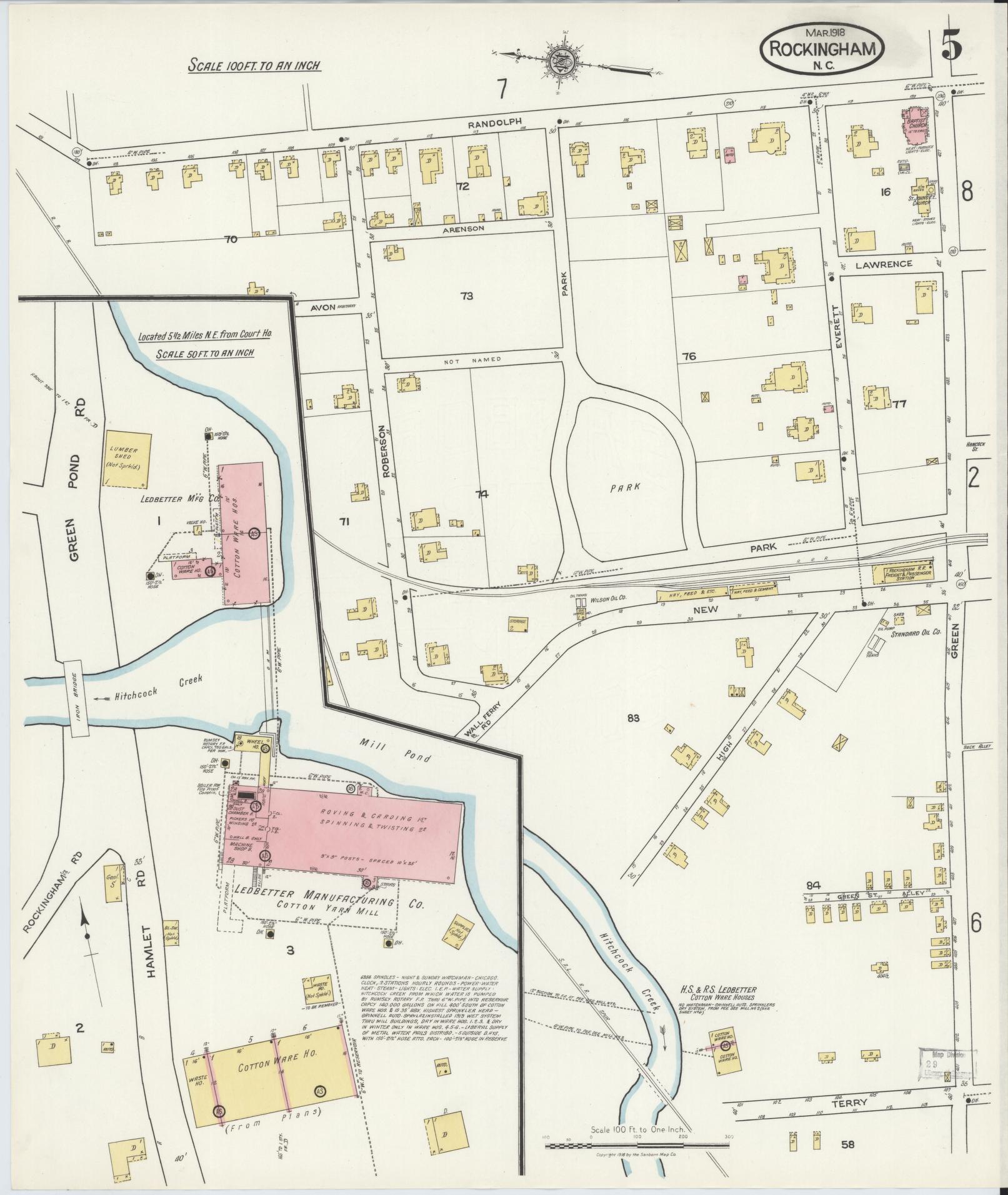 Sanborn Fire Insurance Map from Rockingham, Richmond County, North Carolina (1918), Sheet #0005 - Complete Map Set gallery image, historic Sanborn map, vintage wall art, North Carolina North Carolina