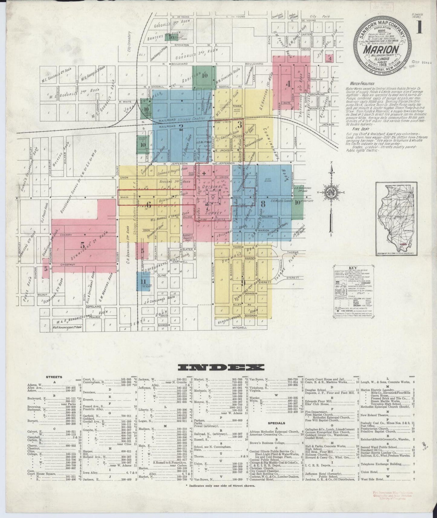 Sanborn Fire Insurance Map from Marion, Williamson County, Illinois (1913), Sheet #0001 - Complete Map Set gallery image, historic Sanborn map, vintage wall art, Illinois Illinois