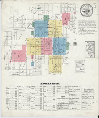 Sanborn Fire Insurance Map from Marion, Williamson County, Illinois (1913), Sheet #0001 - Complete Map Set gallery image, historic Sanborn map, vintage wall art, Illinois Illinois