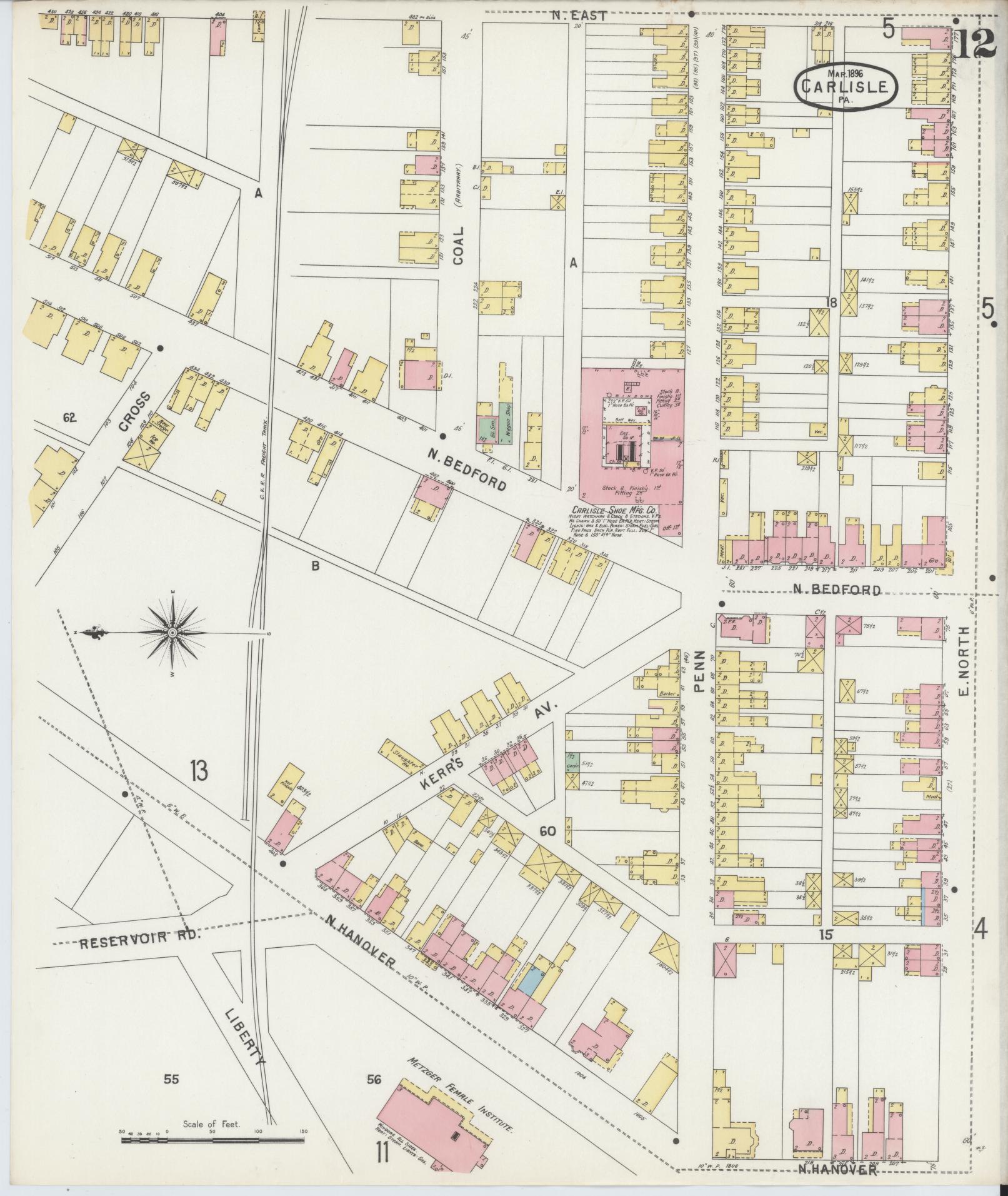 Sanborn Fire Insurance Map from Carlisle, Cumberland County, Pennsylvania (1896), Sheet #0012 - Historic Sanborn Fire Insurance Map Print, vintage old map wall art, antique decor, genealogy gift, Pennsylvania Pennsylvania map