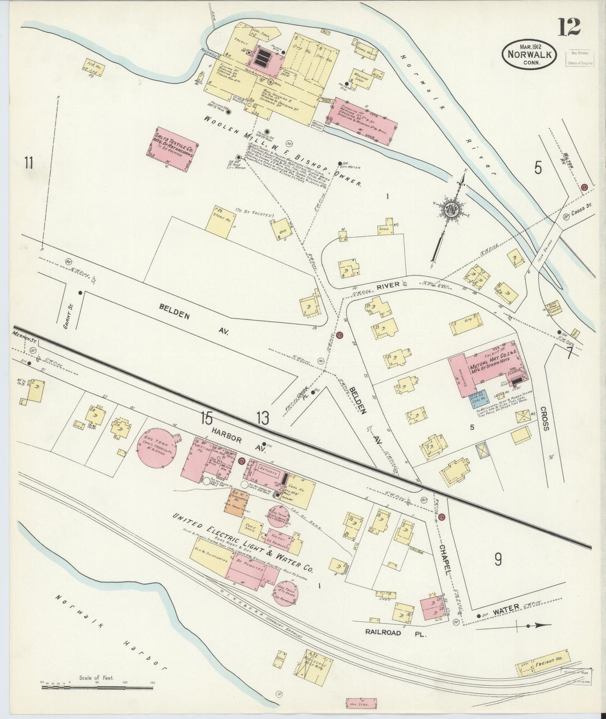 Sanborn Fire Insurance Map from Norwalk, Fairfield County, Connecticut (1912), Sheet #0012 - Historic Sanborn Fire Insurance Map Print, vintage old map wall art, antique decor, genealogy gift, Connecticut Connecticut map
