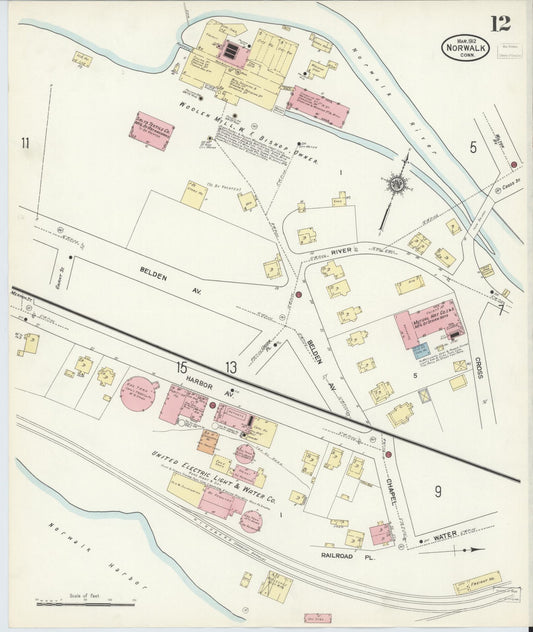 Sanborn Fire Insurance Map from Norwalk, Fairfield County, Connecticut (1912), Sheet #0012 - Historic Sanborn Fire Insurance Map Print, vintage old map wall art, antique decor, genealogy gift, Connecticut Connecticut map