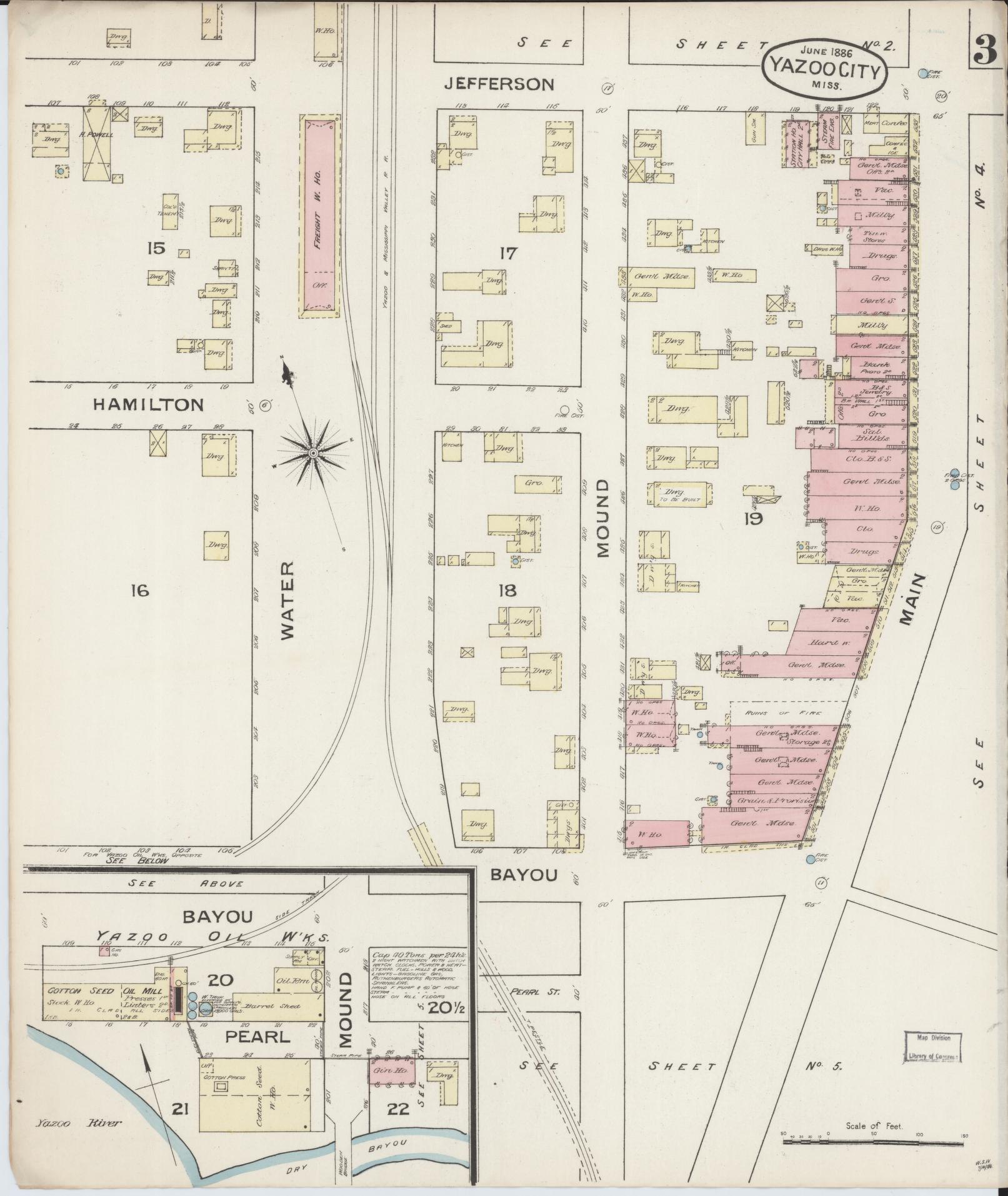 Sanborn Fire Insurance Map from Yazoo City, Yazoo County, Mississippi (1886), Sheet #0003 - Historic Sanborn Fire Insurance Map Print, vintage old map wall art, antique decor, genealogy gift, Mississippi Mississippi map