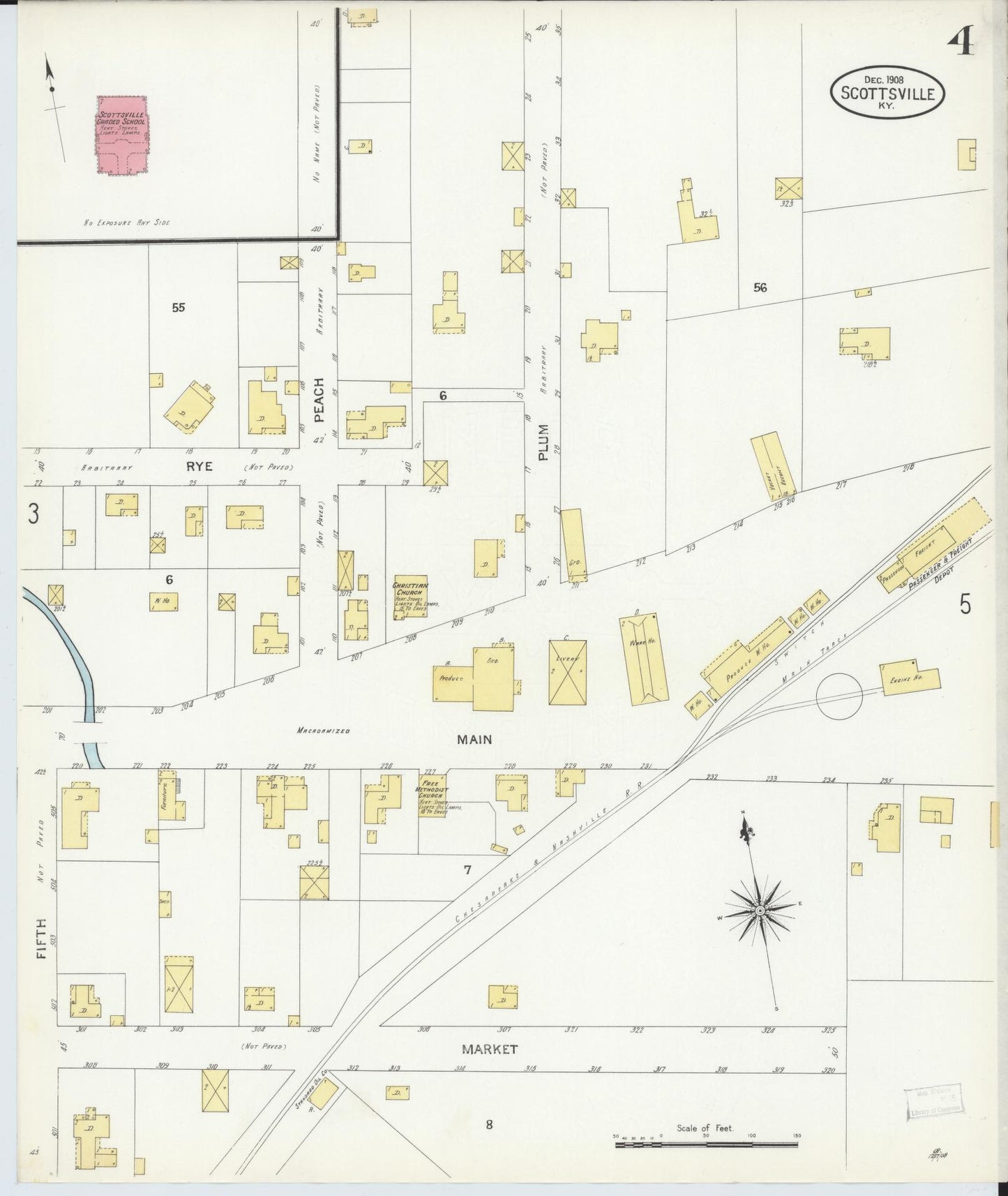 Sanborn Fire Insurance Map from Scottsville, Allen County, Kentucky (1908), Sheet #0004 - Complete Map Set gallery image, historic Sanborn map, vintage wall art, Kentucky Kentucky