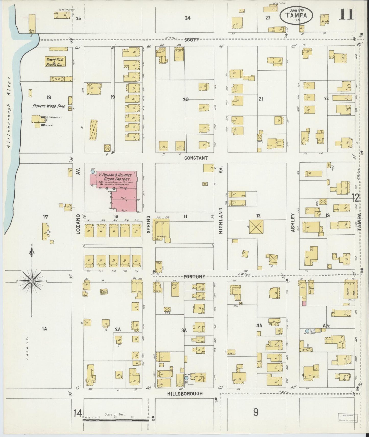 Sanborn Fire Insurance Map from Tampa, Hillsborough County, Florida (1899), Sheet #0011 - Complete Map Set gallery image, historic Sanborn map, vintage wall art, Florida Florida